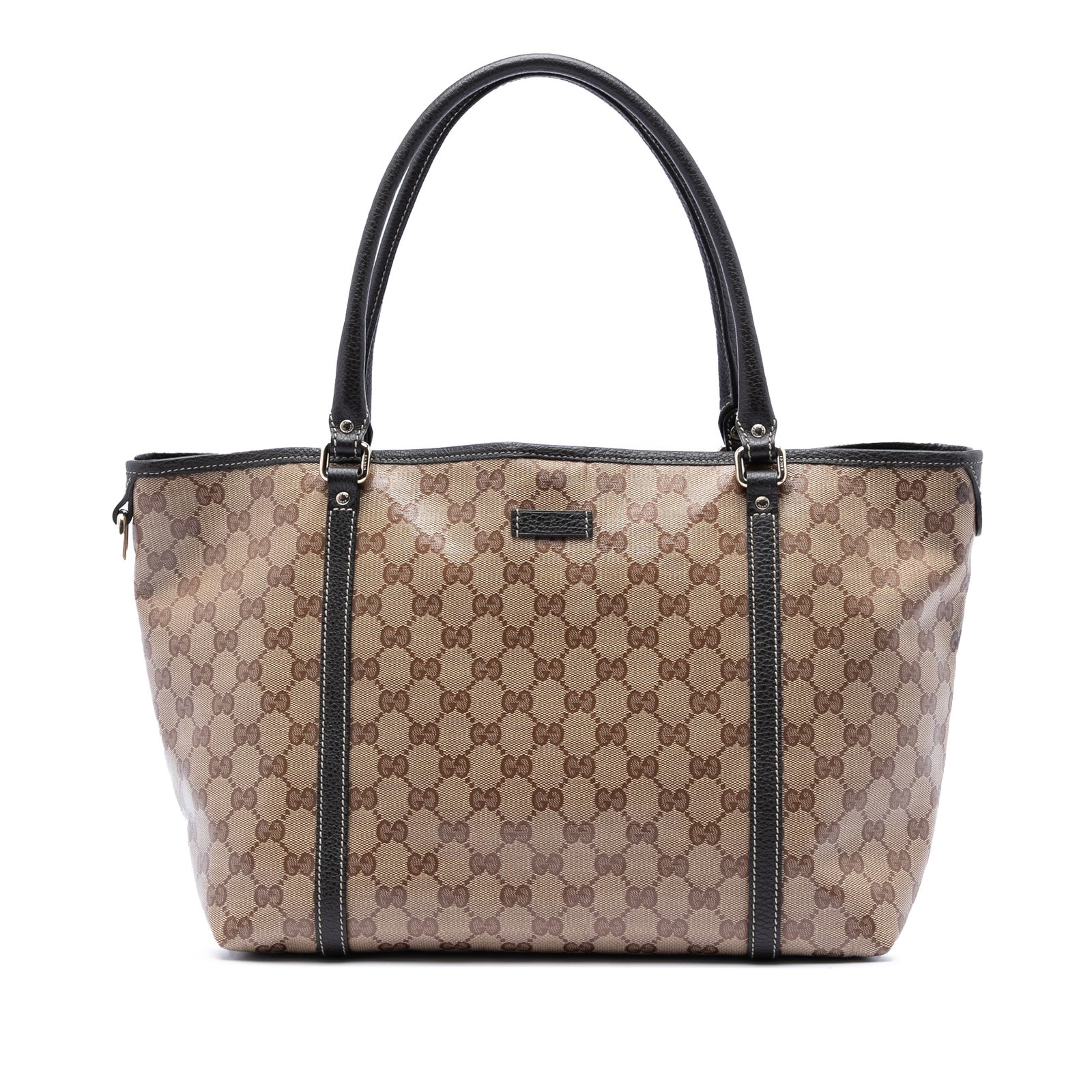 Gucci GG Crystal Joy Beige Coated Canvas Tote Bag: Gucci GG Crystal Joy Beige Coated Canvas Tote Bag Gucci GG Crystal Joy Tote in beige with a coated canvas body and leather trim. This tote features rolled leather straps, an open top with a magnetic s