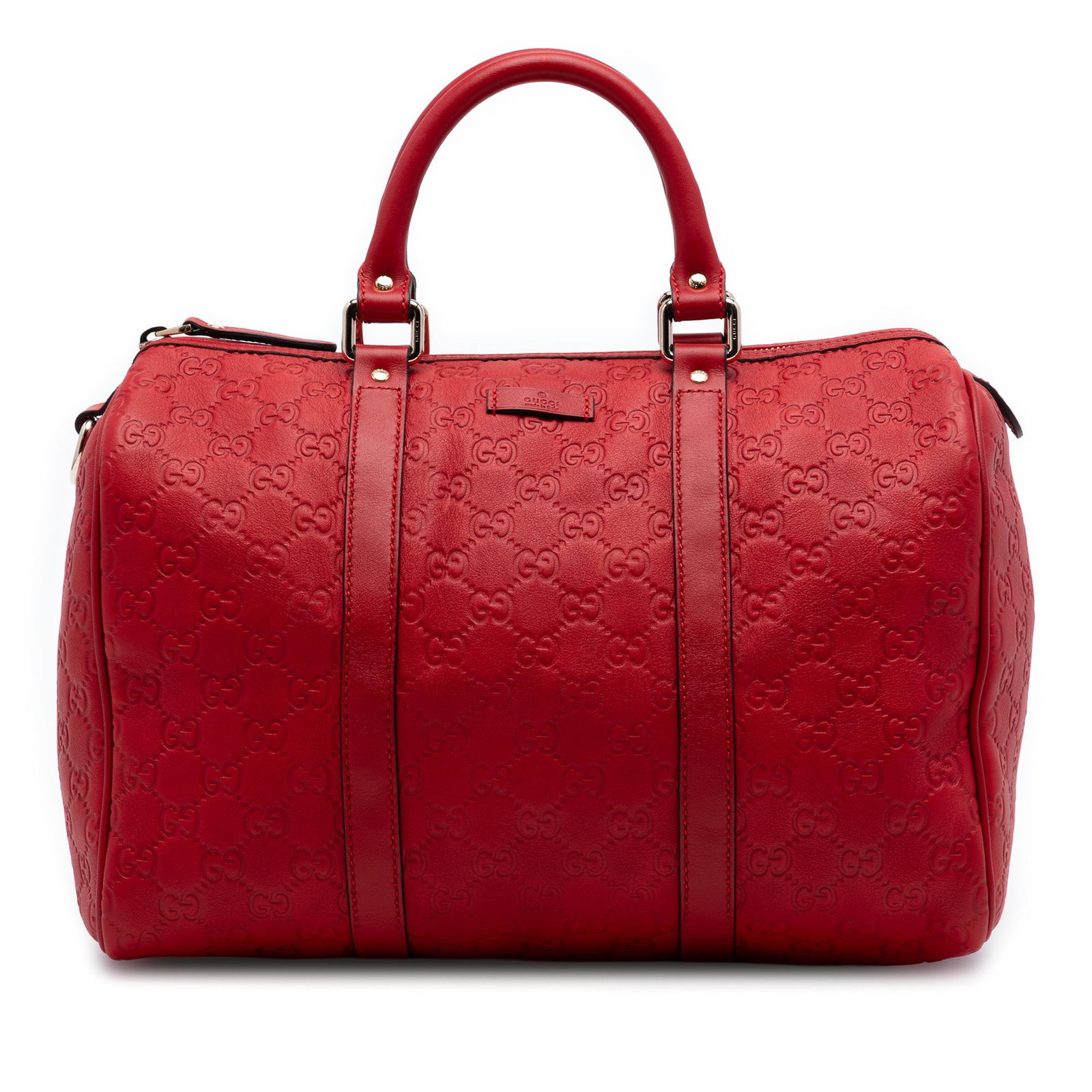 Gucci Joy Boston Bag Medium Red Guccissima Leather: Gucci Joy Boston Bag Medium Red Guccissima Leather Medium Guccissima Joy Boston bag in red embossed leather with rolled leather handles, a top zip closure, and an interior slip pocket. Made in Italy. 