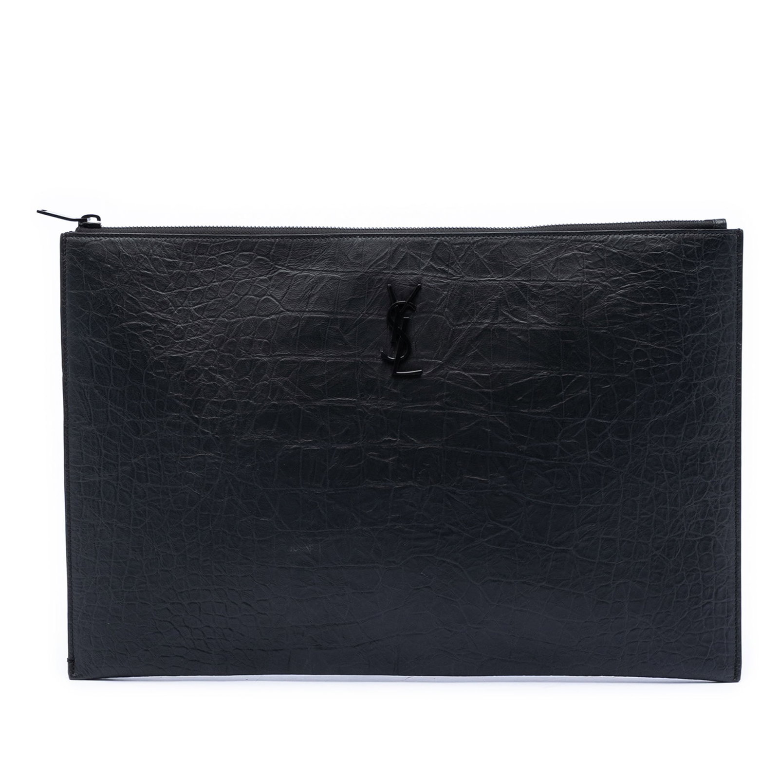 Black Leather Croc Embossed Clutch by Saint Laurent with Monogram Detail: Black Leather Croc Embossed Clutch by Saint Laurent with Monogram Detail This Saint Laurent clutch features a black croc-embossed leather exterior, a top zip closure, and interior slip pockets. The ba