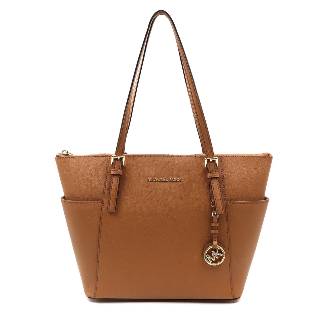 Jet Set Top-Zip Large Leather Tote by Michael Kors in Acorn Brown: Jet Set Top-Zip Large Leather Tote by Michael Kors in Acorn Brown This Michael Kors Jet Set Top-Zip Saffiano tote in Acorn is a large women's handbag crafted from leather in a brown exterior. The bag 