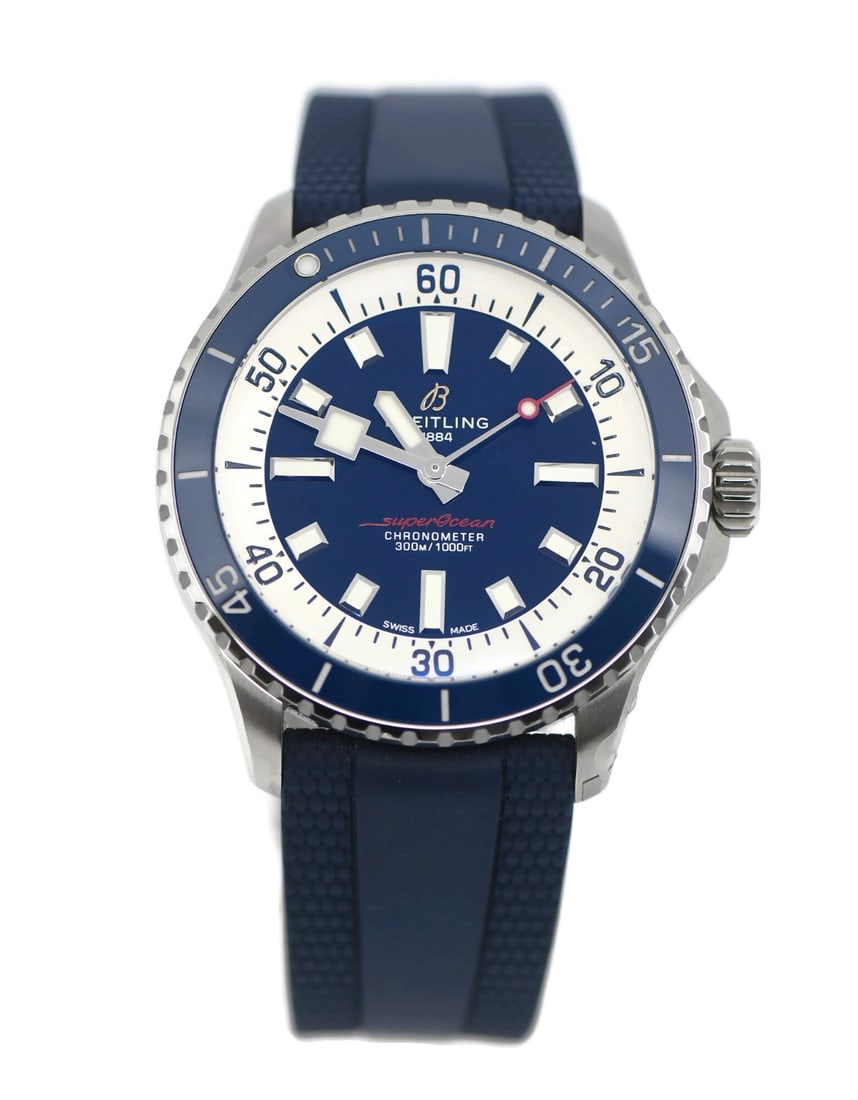 Breitling Superocean A17375 42mm Automatic Steel Wristwatch: Breitling Superocean A17375 42mm Automatic Steel Wristwatch This Breitling Superocean A17375 is a men's wristwatch featuring a polished 42mm stainless steel case and a blue unidirectional rotating bez