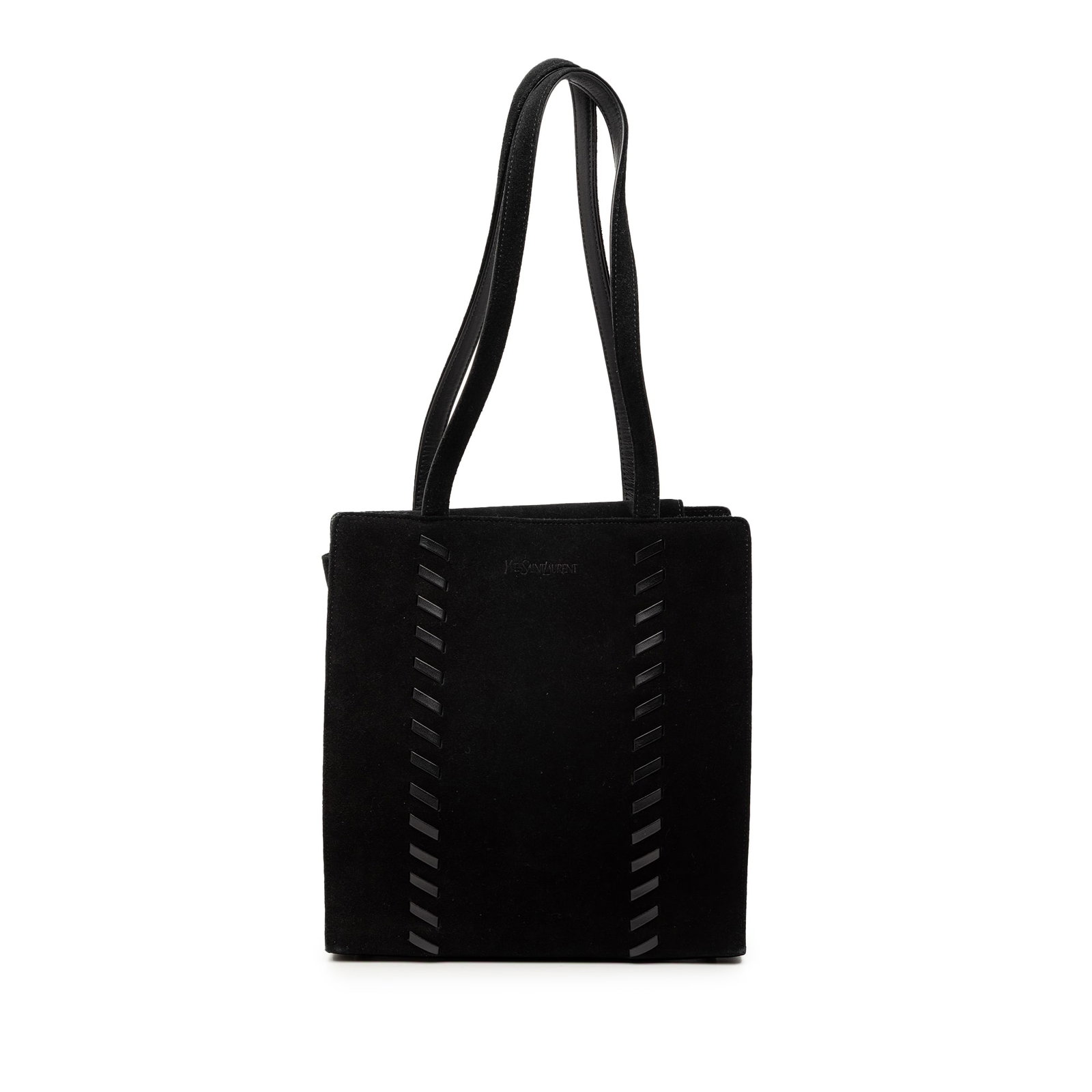 Black Suede Leather Tote Bag by Saint Laurent with Stitch Detailing: Black Suede Leather Tote Bag by Saint Laurent with Stitch Detailing This Saint Laurent Suede Stitch Tote features a black suede leather body, flat shoulder straps, a fold-in top flap with magnetic sna