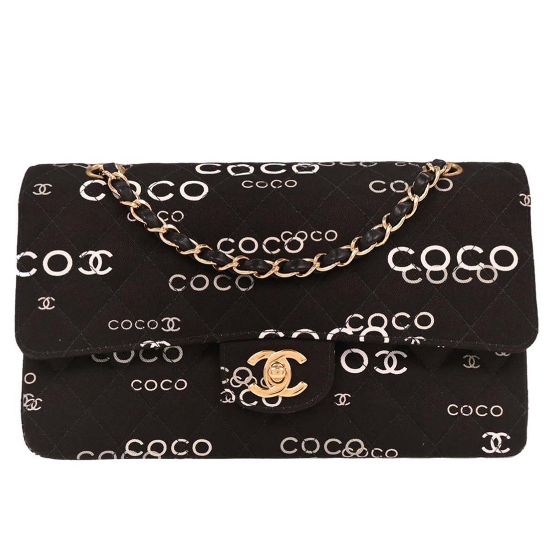 CHANEL Classic Double Flap Medium Shoulder Bag Black Canvas COCO: CHANEL Classic Double Flap Medium Shoulder Bag Black Canvas COCO Medium Chanel Classic Double Flap shoulder bag in black canvas with a turn-lock closure and leather lining. This women's bag features a