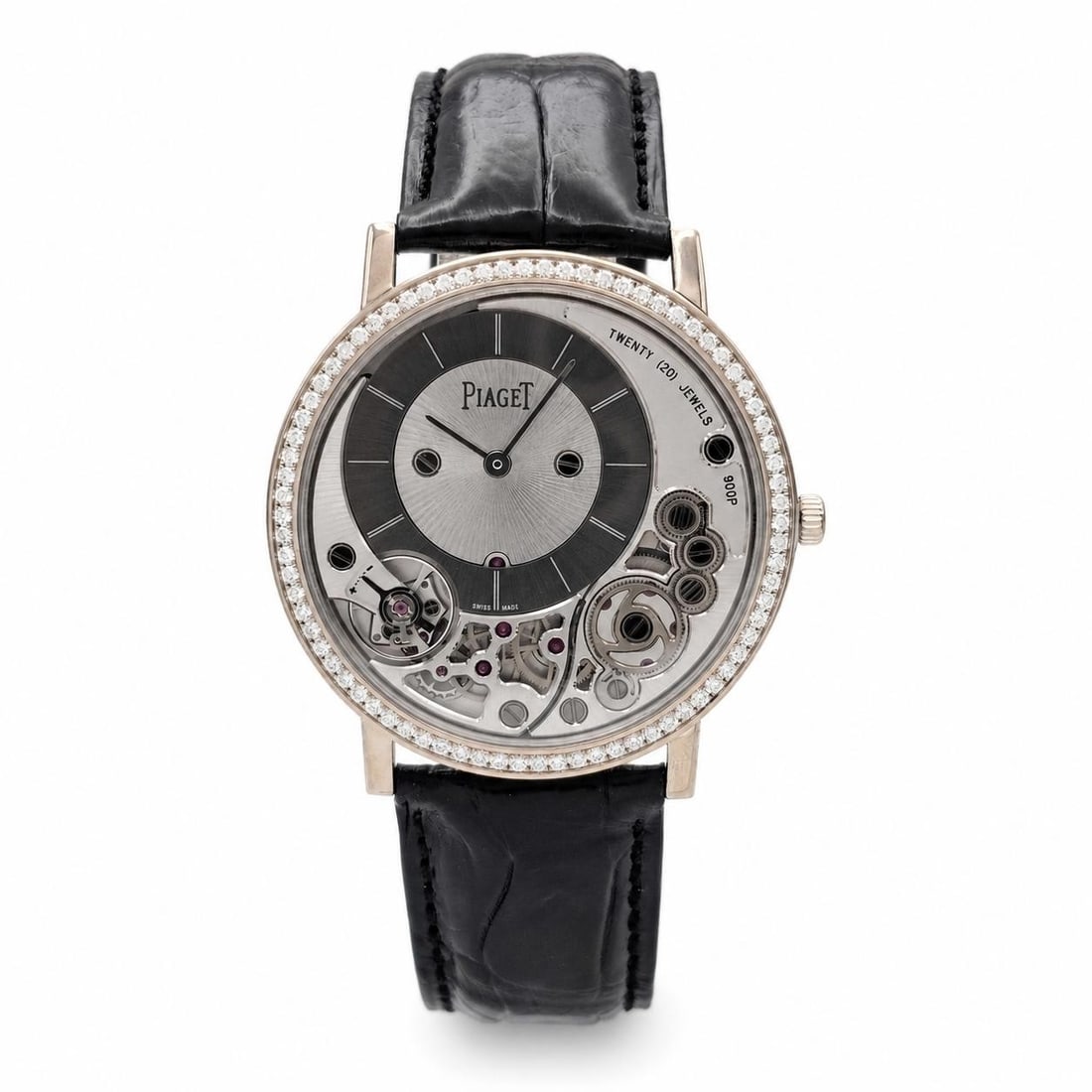 Piaget Altiplano 38mm White Gold Skeleton Manual Watch Diamond Bezel: Piaget Altiplano 38mm White Gold Skeleton Manual Watch Diamond Bezel This Piaget Altiplano 38mm wristwatch features an 18k white gold case with a polished finish and a fixed diamond bezel. The skeleto