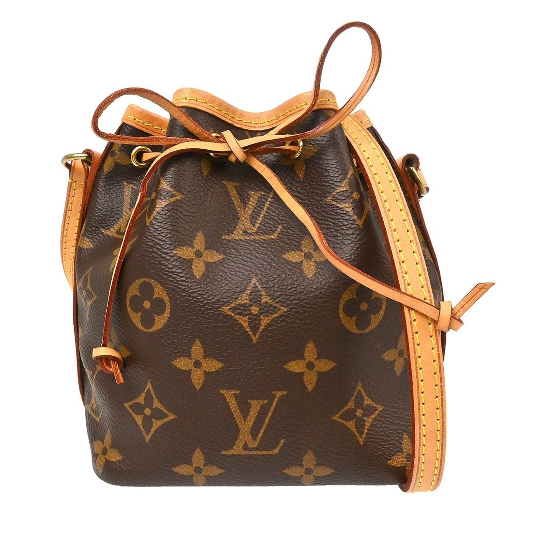 Louis Vuitton Nano Noe Mini Monogram Bucket Bag M41346: Louis Vuitton Nano Noe Mini Monogram Bucket Bag M41346 Louis Vuitton Nano Noe shoulder bag in brown Monogram canvas with leather trim. This mini bucket-style bag features a drawstring closure and a sh