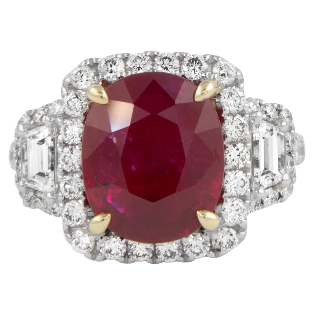 GIA 4.23ct Ruby Diamond Halo Ring 18k Gold: GIA 4.23ct Ruby Diamond Halo Ring 18k Gold This exquisite GIA-certified 4.23ct Ruby & Diamond 3-Stone Halo Ring showcases a stunning vivid red oval-cut ruby, accompanied by two trapezoid diamonds and 