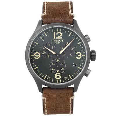 Tissot Chrono XL mens watch 45 mm green dial PVD steel T116.617.36.097.00: Tissot Chrono XL mens watch 45 mm green dial PVD steel T116.617.36.097.00 Pre-owned Tissot Chrono XL men's watch featuring a green dial and PVD steel case. This watch is in good condition with hairlin
