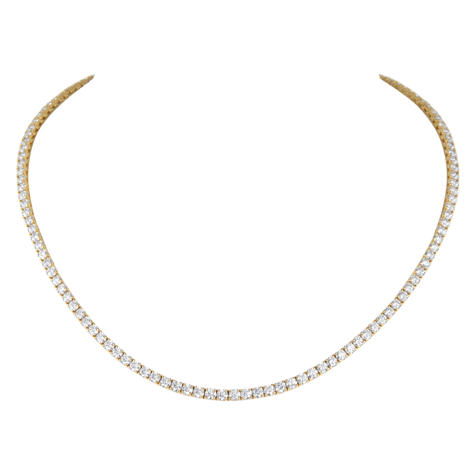 12.32ct Diamond Tennis Necklace 18k Yellow Gold: 12.32ct Diamond Tennis Necklace 18k Yellow Gold This exquisite 12.32ct Diamond Tennis Necklace showcases a stunning array of 133 round brilliant diamonds, expertly set in luxurious 18k yellow gold. Th