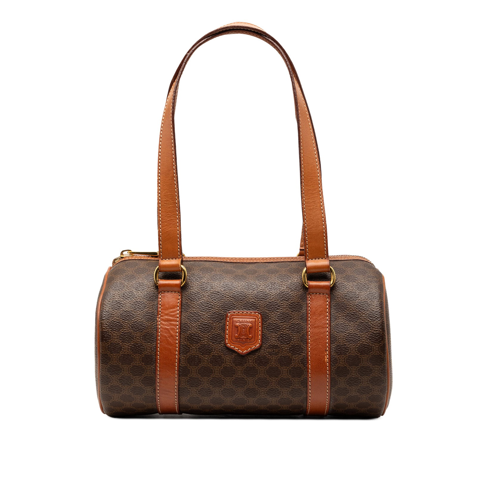 Celine Macadam Brown Coated Canvas Zip Shoulder Handbag: Celine Macadam Brown Coated Canvas Zip Shoulder Handbag Celine Macadam shoulder bag in coated canvas with leather trim and flat leather straps. The bag features a top zip closure and an interior zip p