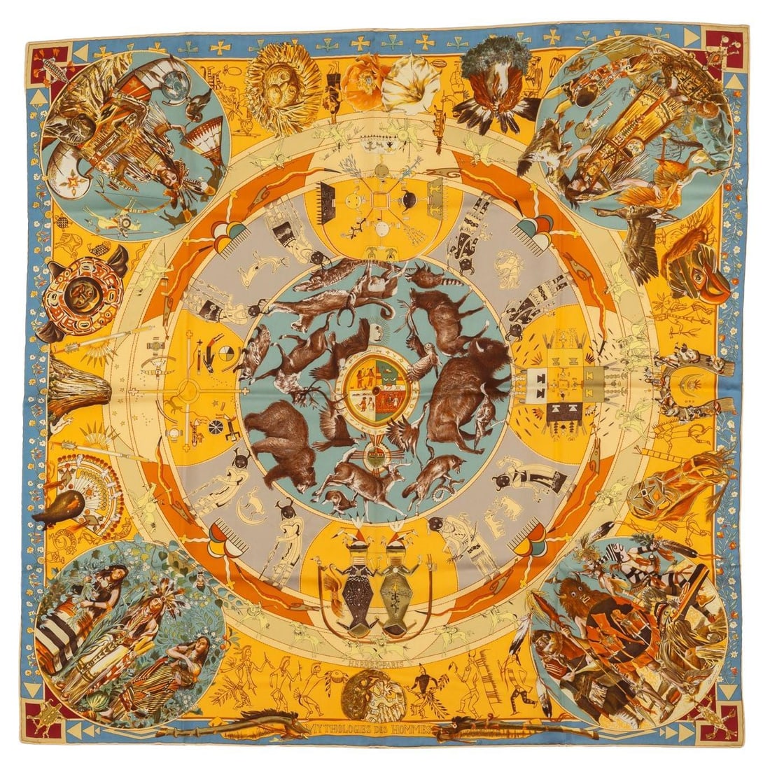 Hermes Les Mythologies Silk Scarf by Kermit Oliver Limited Edition: Hermes Les Mythologies Silk Scarf by Kermit Oliver Limited Edition Introducing the exquisite Hermes Les Mythologies Scarf, a stunning accessory crafted from 100% silk. Designed by the renowned artist 