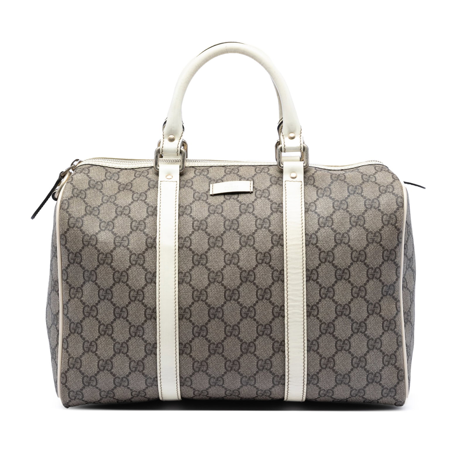 Gucci GG Supreme Medium Boston Bag with Leather Trim: Gucci GG Supreme Medium Boston Bag with Leather Trim This Gucci Medium GG Supreme Joy Boston Bag features a coated canvas body with leather trim, rolled leather handles, a top zip closure, and an inte