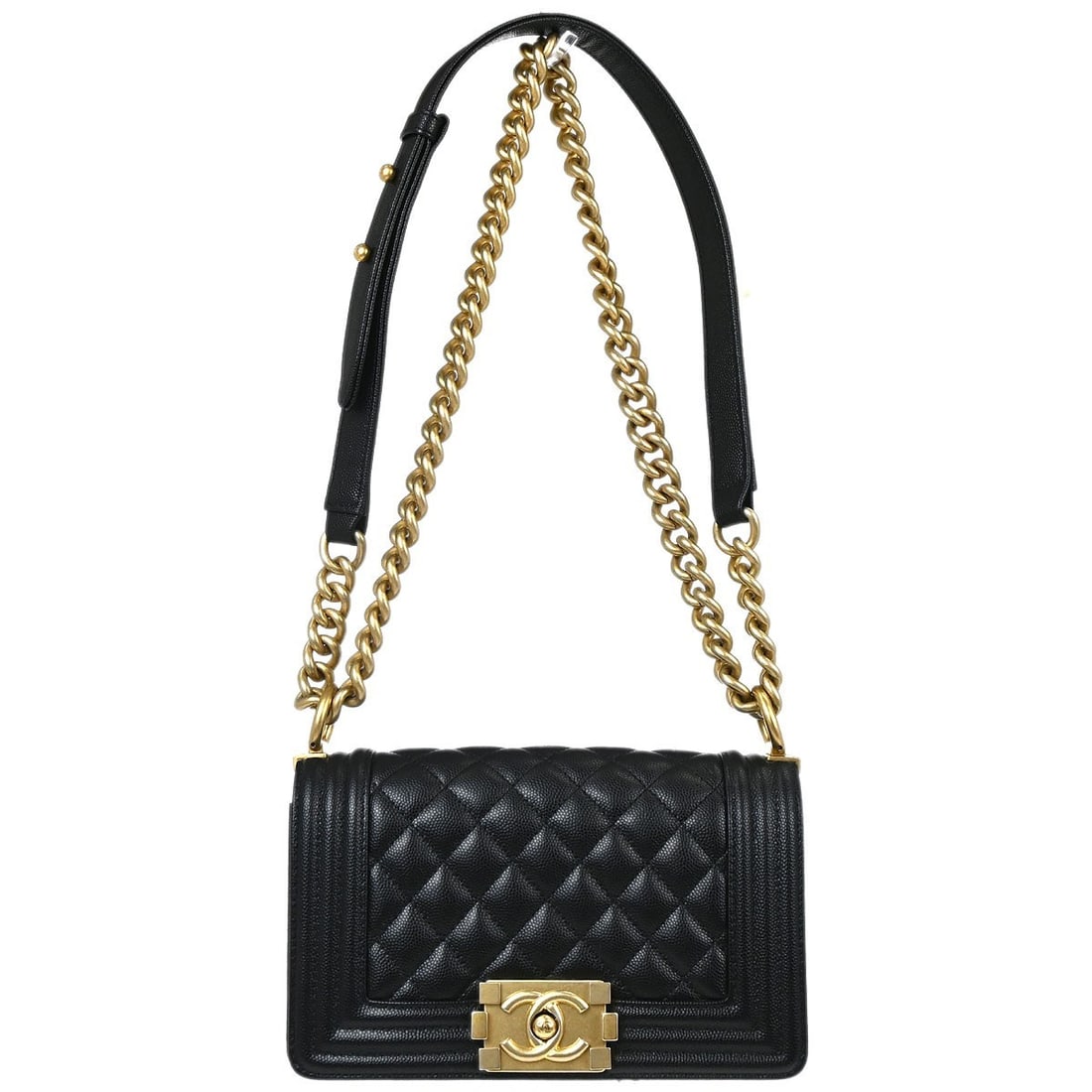 CHANEL Boy Chanel Mini Black Leather Chain Shoulder Bag: CHANEL Boy Chanel Mini Black Leather Chain Shoulder Bag Boy Chanel small chain shoulder bag in black caviar skin leather with a clasp flap closure, chain shoulder strap, fabric lining, and one interio