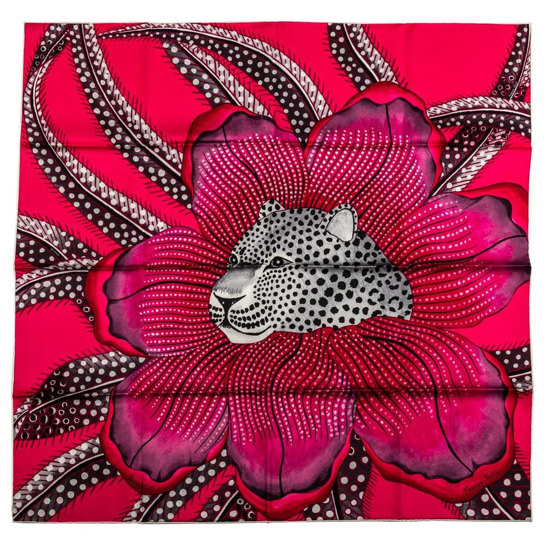 Hermes Baobab Fuchsia Silk Scarf with Box and Care Tag: Hermes Baobab Fuchsia Silk Scarf with Box and Care Tag Hermes fuchsia silk Jaguar scarf featuring hand-rolled edges. This un-used accessory includes the original care tag and box. Specifications Desig