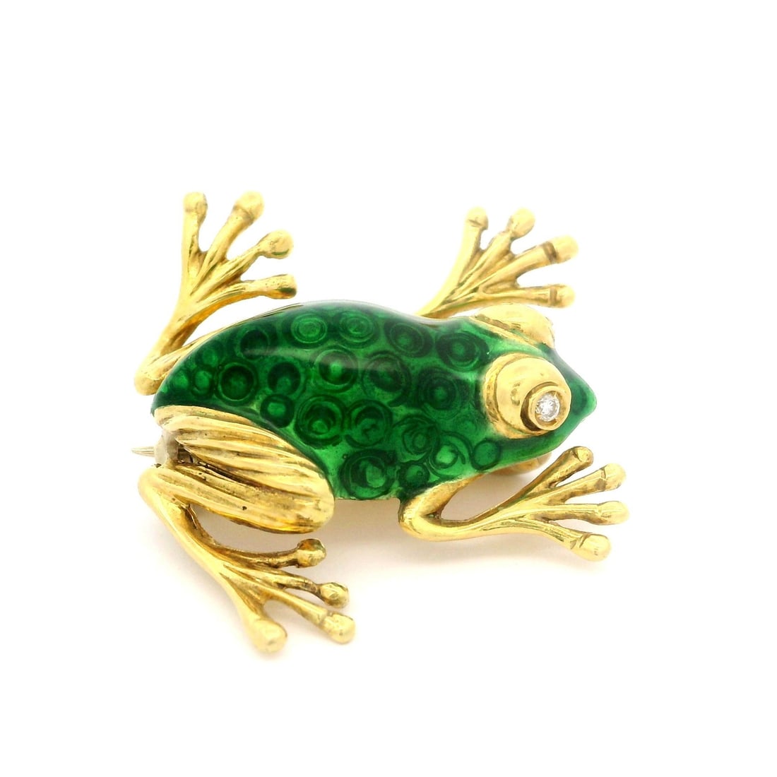 18k Gold Frog Brooch with Diamond Eyes & Green Enamel: 18k Gold Frog Brooch with Diamond Eyes & Green Enamel This exquisite frog pin brooch features vibrant green guilloche enamel work complemented by the shimmering brilliance of two natural diamonds. Eac