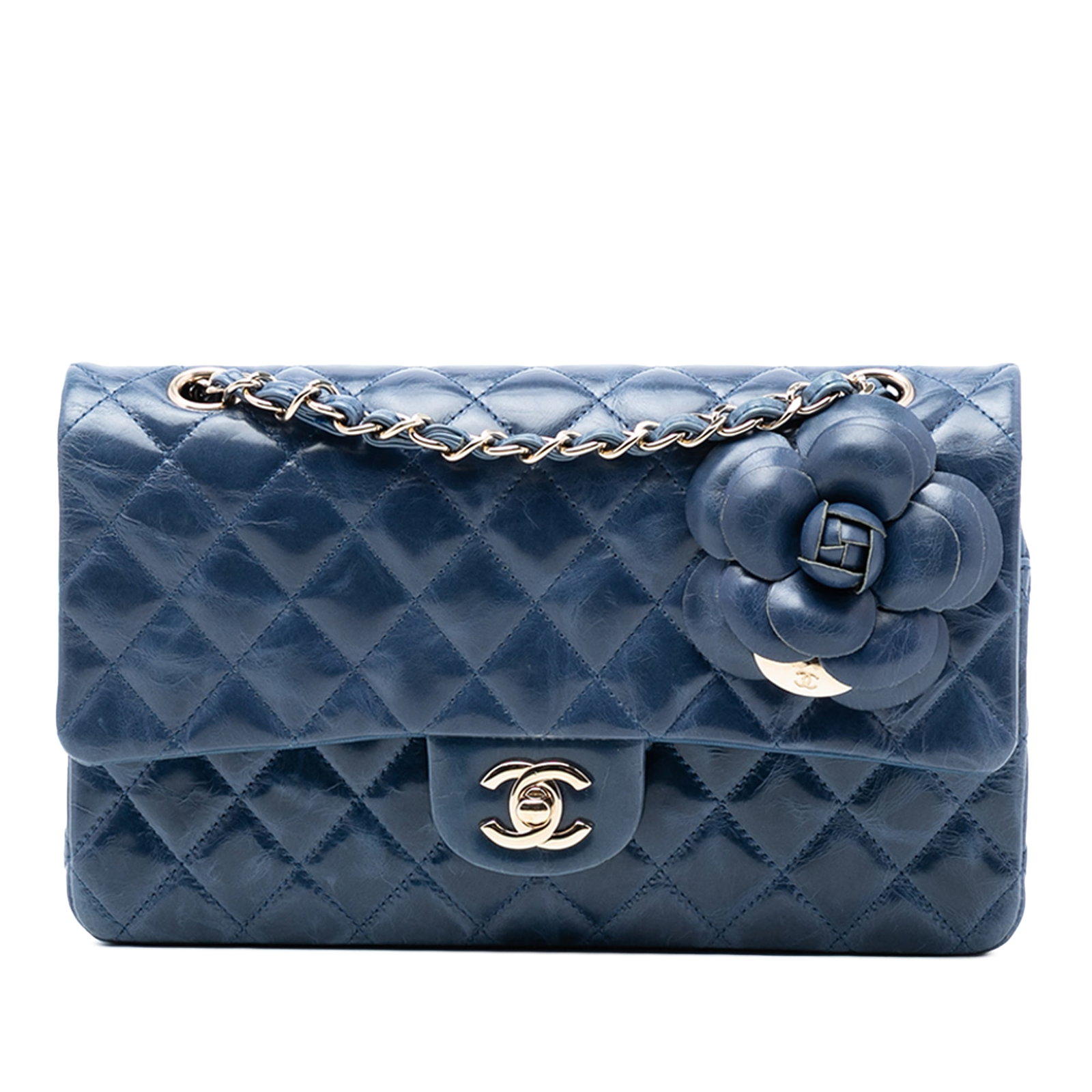 Chanel Medium Camellia Double Flap Blue Quilted Glazed Leather Shoulder Bag: Chanel Medium Camellia Double Flap Blue Quilted Glazed Leather Shoulder Bag This Chanel Medium Classic Flap bag showcases a quilted glazed leather body adorned with floral embellishments, complemented