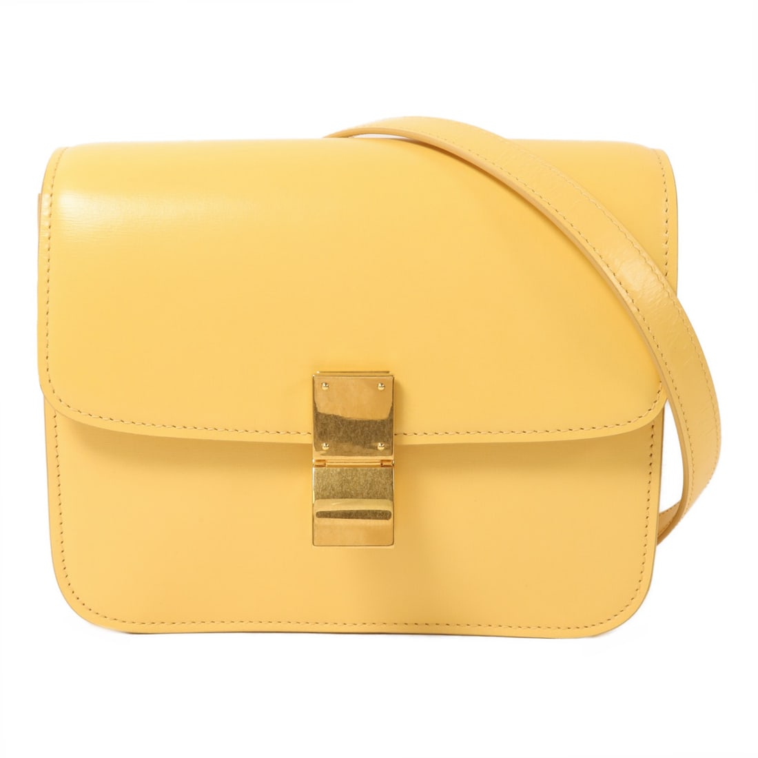CELINE Teen Classic Box Yellow Calfskin Shoulder Bag GHW: CELINE Teen Classic Box Yellow Calfskin Shoulder Bag GHW This CELINE Teen Classic Box shoulder bag features a stylish yellow calfskin leather exterior and gold-tone hardware. Designed for women, it of