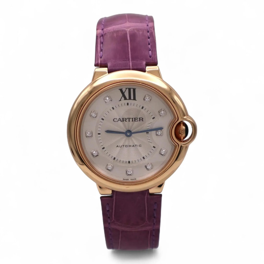 Cartier Ballon Bleu 36mm Rose Gold Automatic Ladies Watch WE902028: Cartier Ballon Bleu 36mm Rose Gold Automatic Ladies Watch WE902028 The Cartier Ballon Bleu 36MM is an elegant women's wristwatch crafted in 18K rose gold with a polished case and a solid caseback. Fea