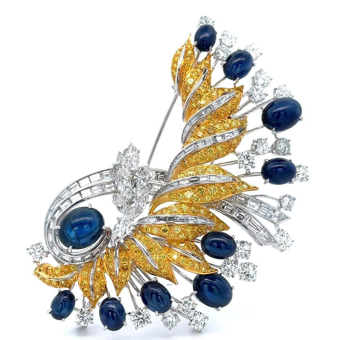 GIA Certified 45.84ctw Sapphire Fancy Yellow Diamond Brooch in Platinum Gold: GIA Certified 45.84ctw Sapphire Fancy Yellow Diamond Brooch in Platinum Gold This stunning brooch features a captivating design crafted from solid platinum and 18k yellow gold. At the heart of this pi