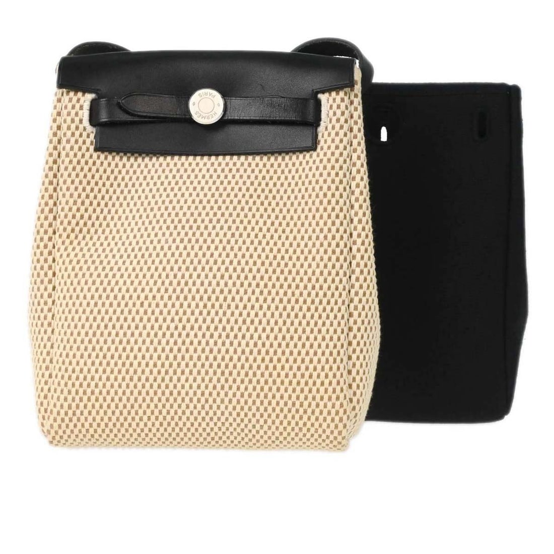 Hermes Herbag TPM 2 in 1 Black Toile Officier Leather Shoulder Bag: Hermes Herbag TPM 2 in 1 Black Toile Officier Leather Shoulder Bag Hermes Herbag TPM 2 in 1 shoulder bag in black and natural Toile Officier, Toile GM, and leather. This women's bag features a flap cl