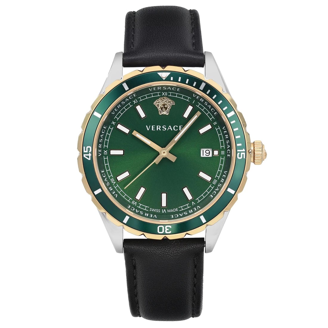 Versace Hellenyium Quartz 42mm Men's Watch Green Dial Gold Bezel: Versace Hellenyium Quartz 42mm Men's Watch Green Dial Gold Bezel Introducing the Versace Hellenyium, a stylish 42mm quartz wristwatch designed for men. This timepiece features a striking green dial co
