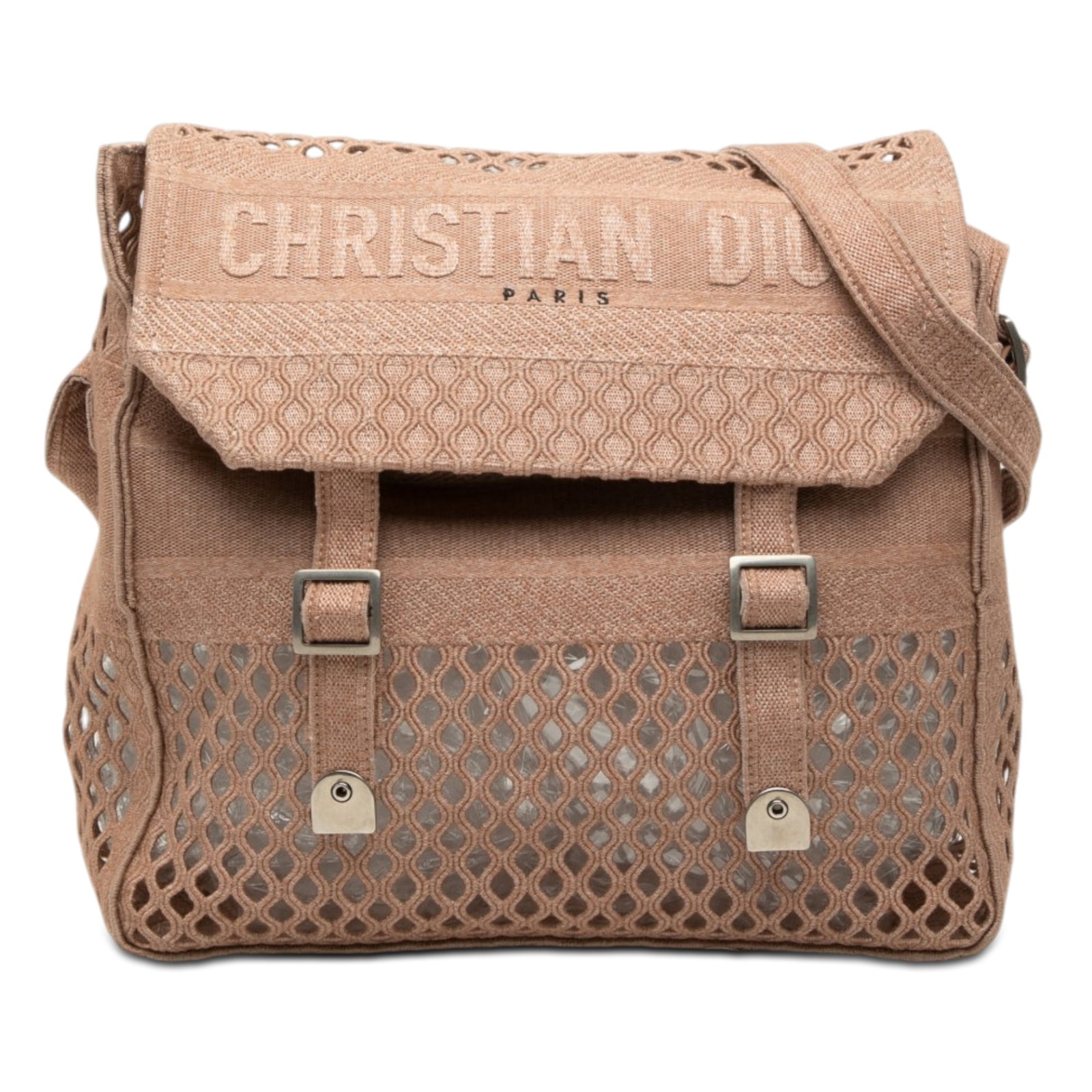 Dior Diorcamp Large Crossbody Messenger Bag in Embroidered Mesh Canvas: Dior Diorcamp Large Crossbody Messenger Bag in Embroidered Mesh Canvas Large Diorcamp messenger bag in embroidered mesh canvas with a crossbody design, flat shoulder strap, and front flap with buckle 