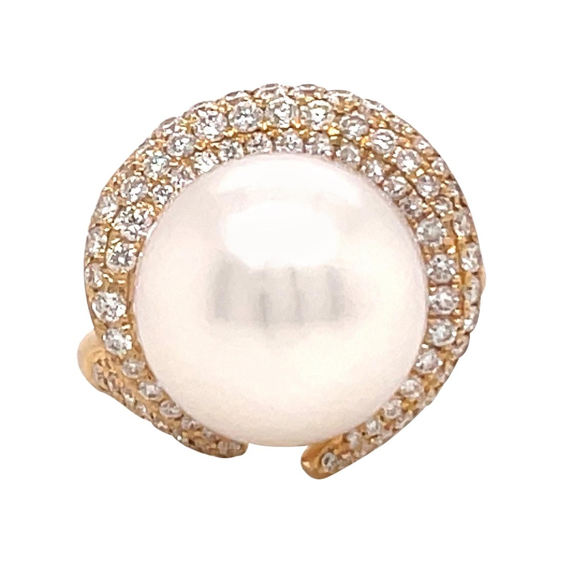 Harbor Diamonds South Sea Pearl Diamond Ring 0.84ct 18k Gold Contemporary: Harbor Diamonds South Sea Pearl Diamond Ring 0.84ct 18k Gold Contemporary This exquisite South Sea Pearl and Diamond Cocktail Ring is crafted in 18k yellow gold, showcasing a stunning 13-14 mm South S