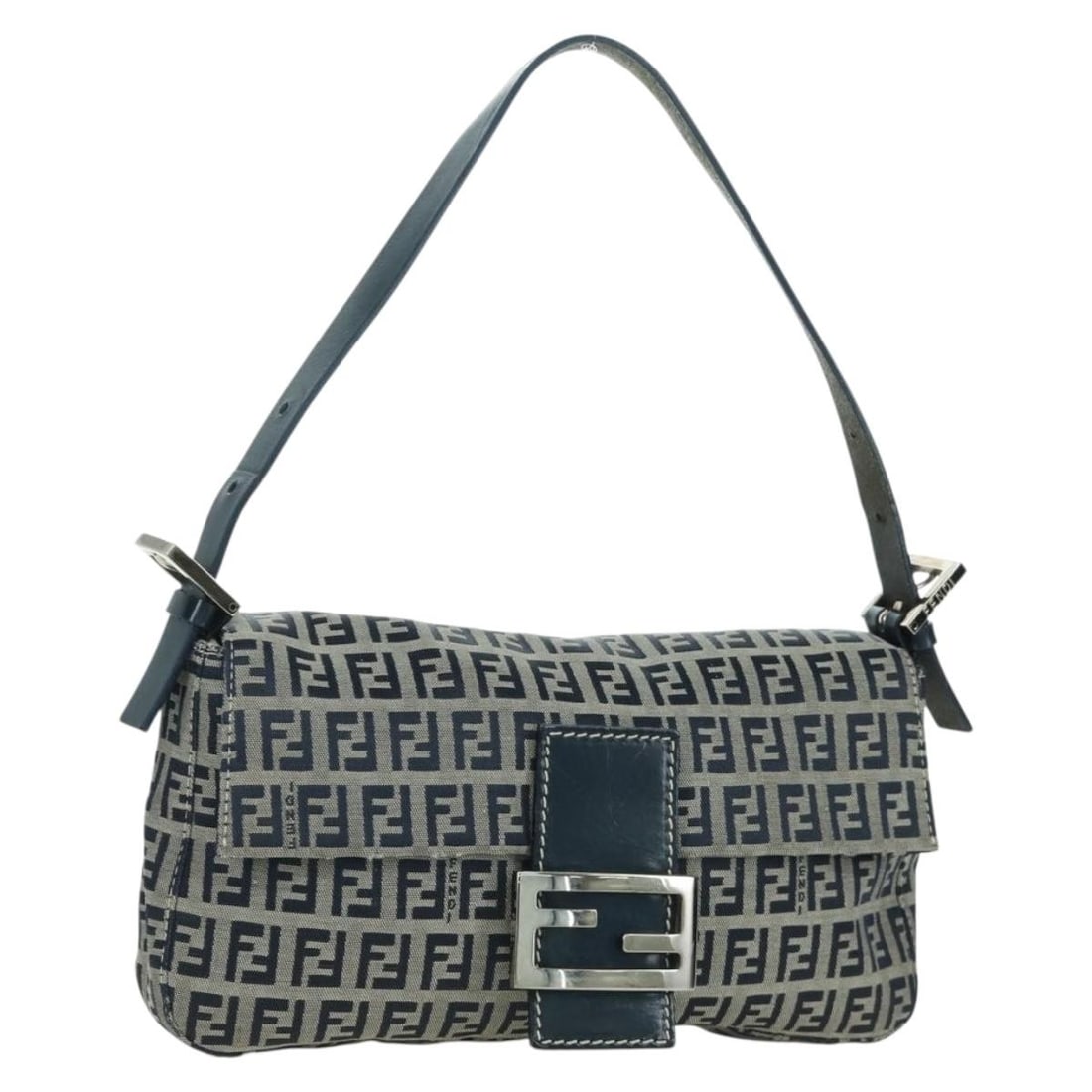 Fendi Mamma Baguette Navy Zucchino Canvas Shoulder Bag Silver Hardware: Fendi Mamma Baguette Navy Zucchino Canvas Shoulder Bag Silver Hardware This FENDI Mamma Baguette handbag features the iconic Zucchino canvas in navy and silver tones. Designed for women, it offers a c