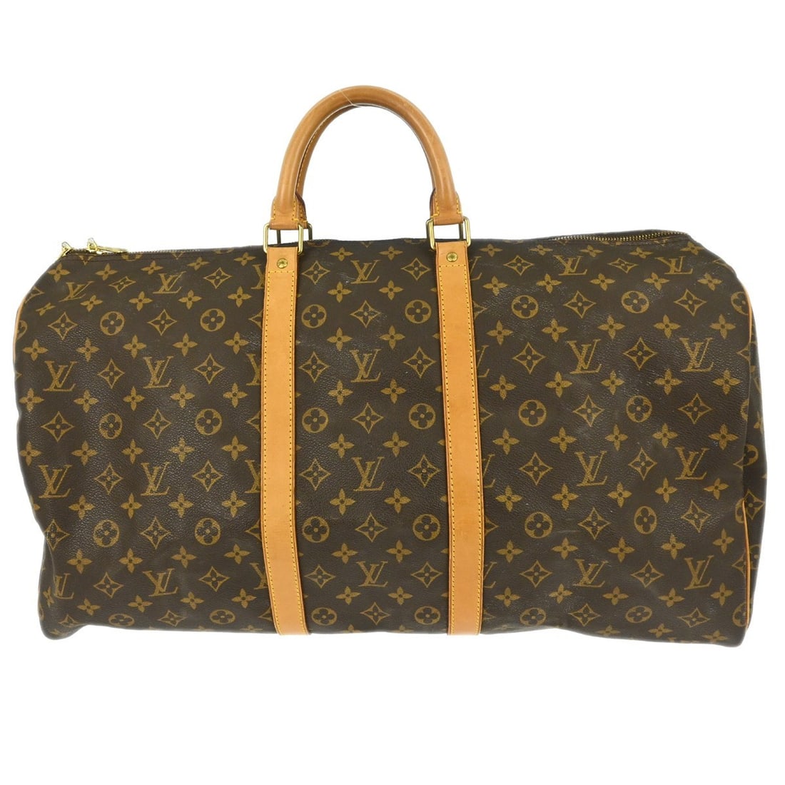 Louis Vuitton Keepall 55 Monogram Travel Duffle Bag M41424: Louis Vuitton Keepall 55 Monogram Travel Duffle Bag M41424 Vintage Louis Vuitton Keepall 55 travel handbag in brown Monogram canvas with leather trim and double handles. This extra-large duffle-style 
