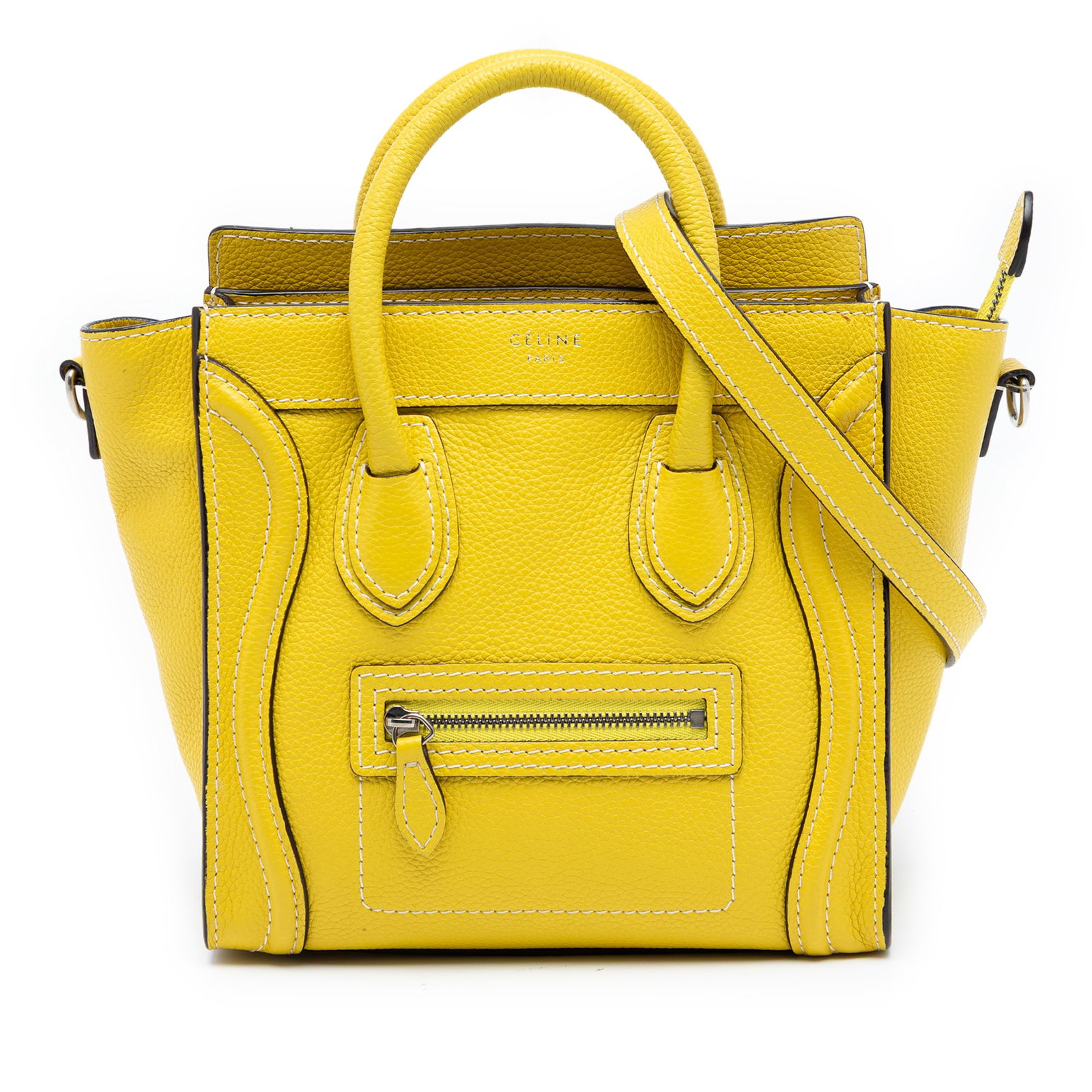 Celine Nano Luggage Tote Yellow Grained Calfskin Leather Bag with Strap: Celine Nano Luggage Tote Yellow Grained Calfskin Leather Bag with Strap This Celine Nano Grained Calfskin Luggage Tote showcases a structured leather body in a vibrant yellow hue. It features rolled l