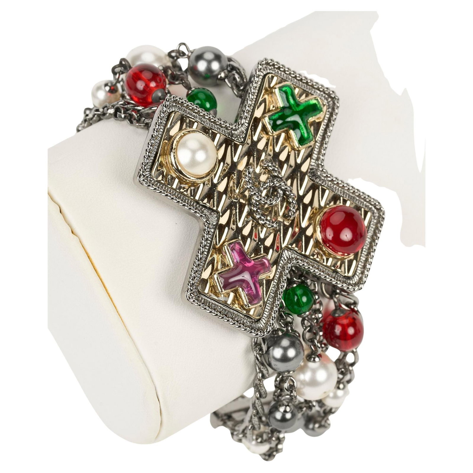 Chanel Girpoix Cross Gunmetal Bracelet Spring 2017 with Multicolor Cabochons: Chanel Girpoix Cross Gunmetal Bracelet Spring 2017 with Multicolor Cabochons Discover the elegance of this Chanel Girpoix Cross Gunmetal Bracelet, a stunning accessory from the Spring 2017 collection.