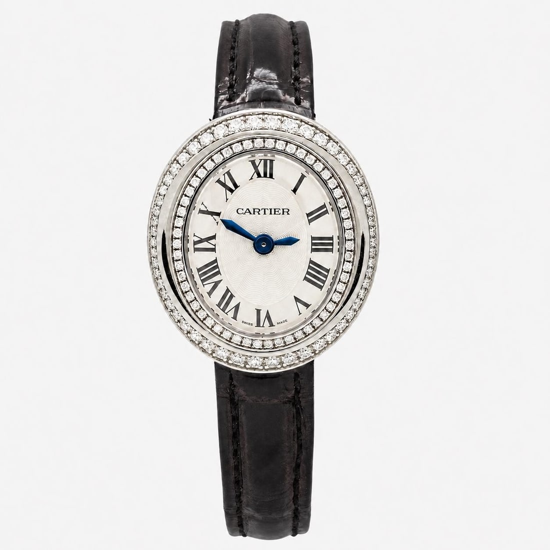 Cartier Hypnose Oval Diamond Quartz Ladies Watch 26.2 mm: Cartier Hypnose Oval Diamond Quartz Ladies Watch 26.2 mm This Cartier Hypnose ladies wristwatch features a 30mm x 26mm oval case crafted in polished white gold and is adorned with a fixed diamond beze