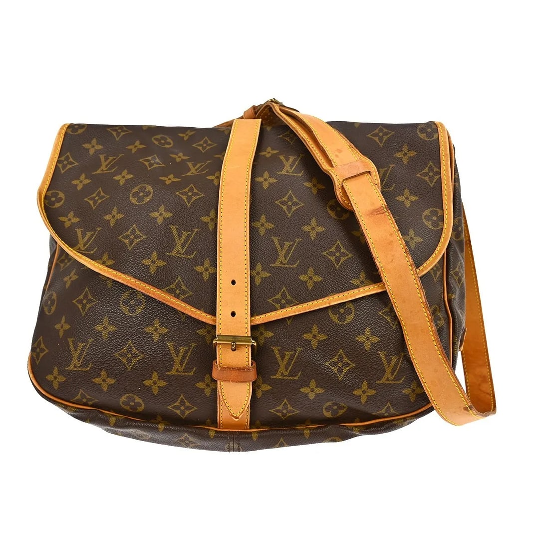 Louis Vuitton Saumur Unisex Brown Monogram Canvas Shoulder Bag: Louis Vuitton Saumur Unisex Brown Monogram Canvas Shoulder Bag Louis Vuitton Saumur in brown monogram canvas with a unisex design. This bag is in fair condition, with visible wear including scuffs and