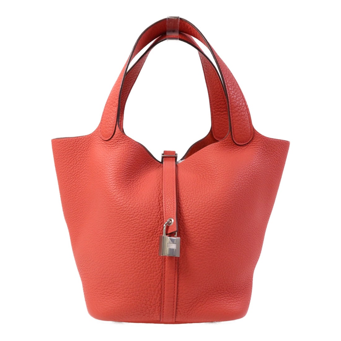 Hermes Picotin MM Tote in Rose Texas Clemence Leather with Palladium Hardware: Hermes Picotin MM Tote in Rose Texas Clemence Leather with Palladium Hardware This Hermes Picotin MM tote bag is crafted from Clemence calfskin leather in a red Rose Texas color. The tote features a c