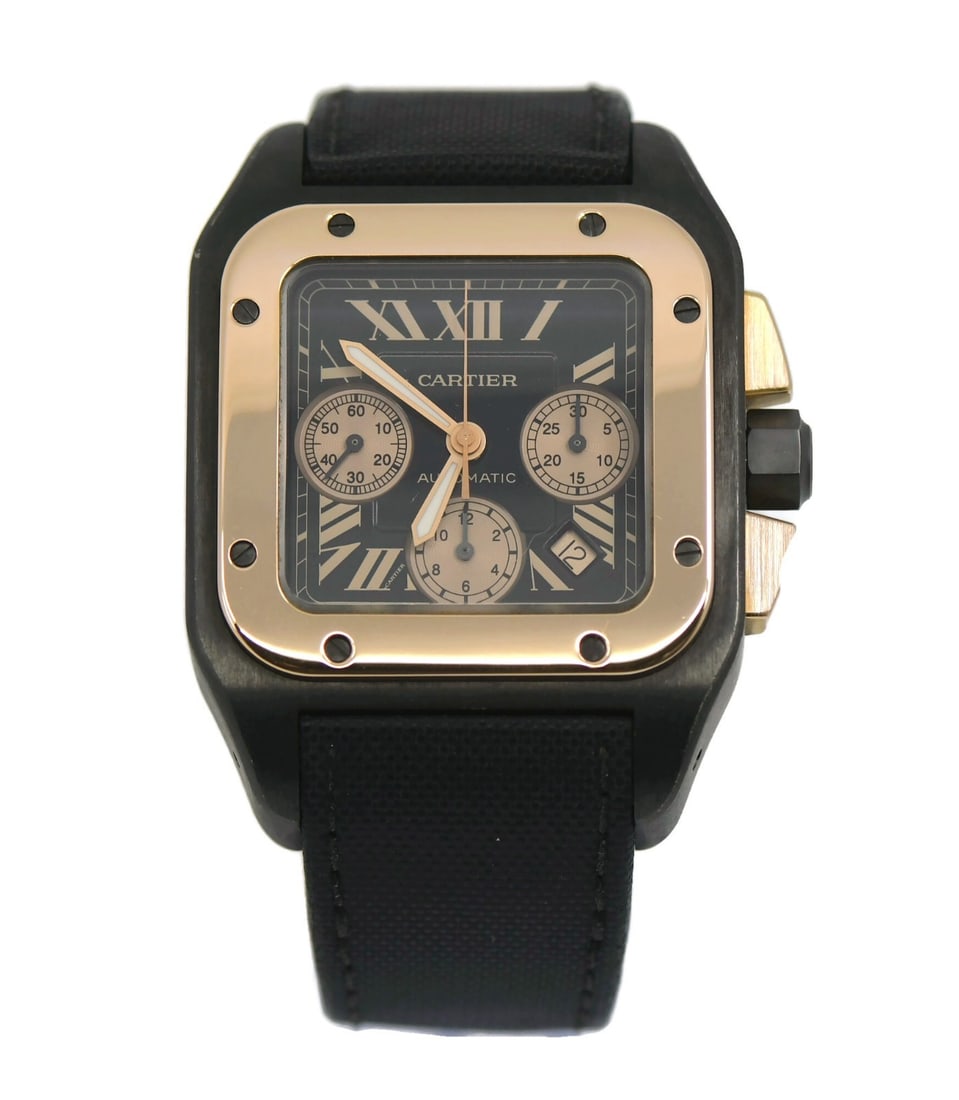Cartier Santos 100 Chronograph Automatic 18K Titanium Men's Wristwatch W2020004: Cartier Santos 100 Chronograph Automatic 18K Titanium Men's Wristwatch W2020004 The Cartier Santos 100 Chronograph W2020004 is a men's wristwatch featuring a titanium case with 18K accents and a texti