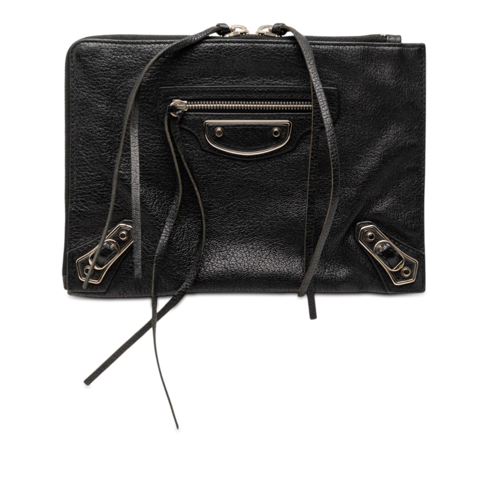 Balenciaga black goatskin metallic edge clutch: Balenciaga black goatskin metallic edge clutch This Balenciaga Chevre Motocross Classic Metallic Edge Clutch features a black goatskin leather body with gold-tone hardware. The clutch is designed with