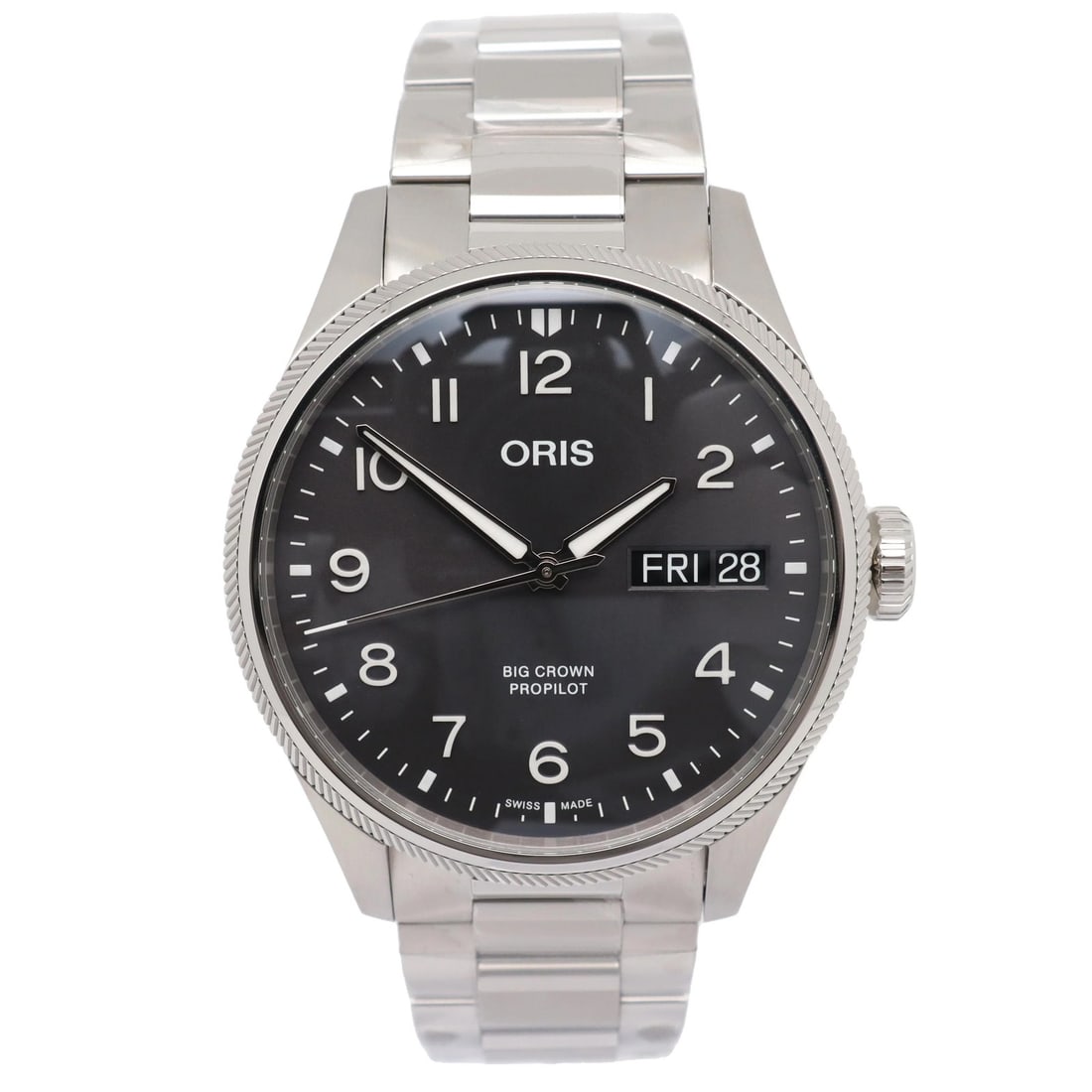 Oris Big Crown ProPilot 44mm Steel Automatic Day Date Watch: Oris Big Crown ProPilot 44mm Steel Automatic Day Date Watch This Oris Big Crown ProPilot Big Day Date wristwatch features a robust 44 mm stainless steel case with a matching bracelet and a fold-over c