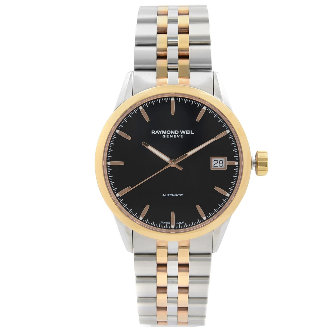 Freelancer Automatic Swiss Watch for Men with Black Dial by Raymond Weil: Freelancer Automatic Swiss Watch for Men with Black Dial by Raymond Weil This Raymond Weil Freelancer is a men's automatic wristwatch featuring a black dial with non-numeric hour markers and luminous