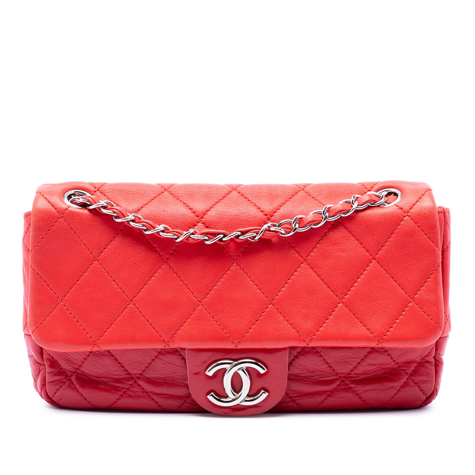 Chanel CC Chain Flap Medium Bicolor Lambskin Calfskin Bag: Chanel CC Chain Flap Medium Bicolor Lambskin Calfskin Bag A Chanel Medium Bicolor CC Chain Flap crafted in quilted lambskin and calfskin leather. This flap bag features a leather-woven chain link stra