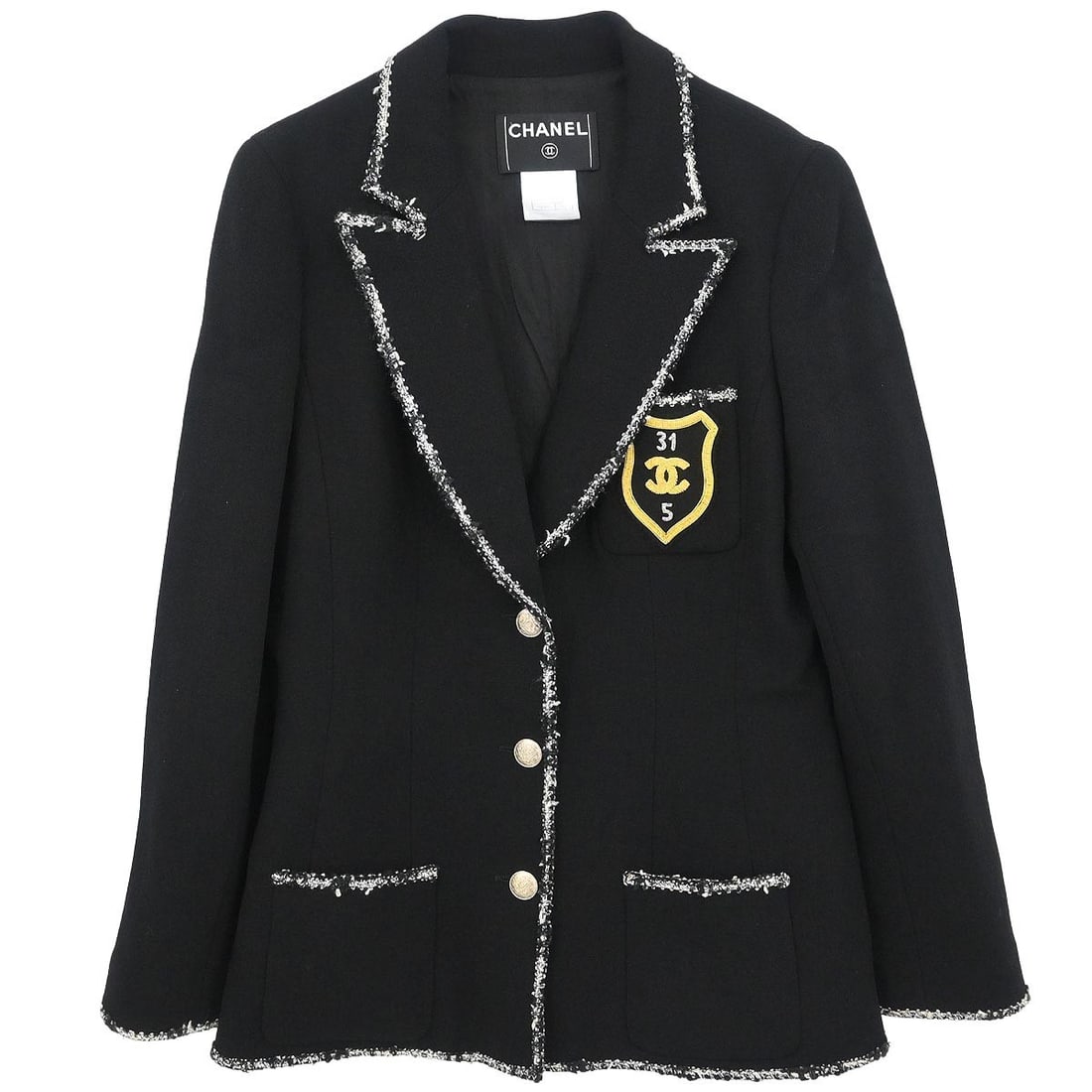 CHANEL 05C Black Wool Long Sleeve Button Jacket Size 42: CHANEL 05C Black Wool Long Sleeve Button Jacket Size 42 Vintage Chanel single-breasted jacket in black wool with logo accents, long sleeves, and a regular fit. This women's jacket features a button