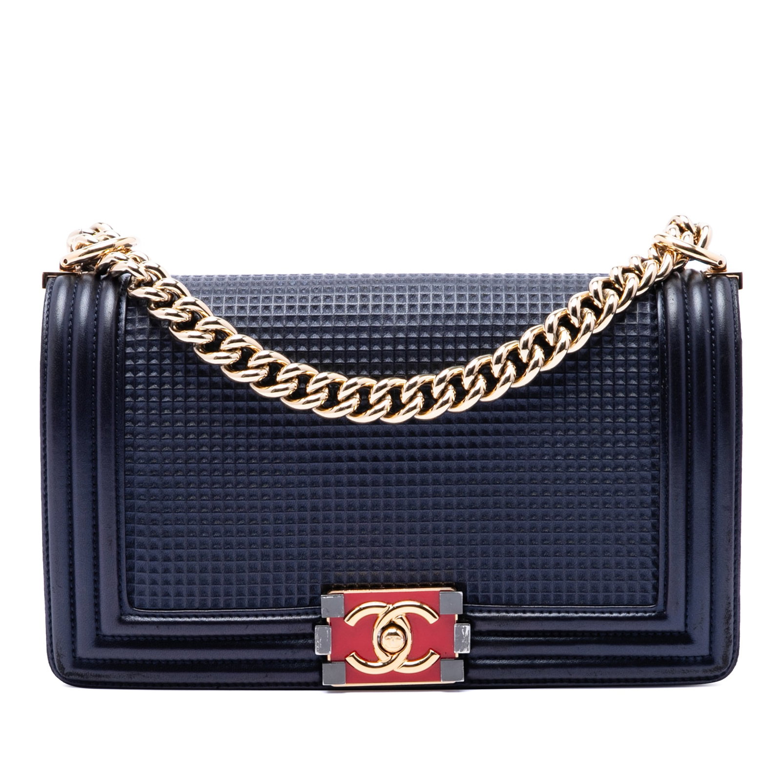 Chanel Boy Flap Blue Lambskin Embossed Cube Bag: Chanel Boy Flap Blue Lambskin Embossed Cube Bag This Chanel Old Medium Boy Flap bag is crafted from blue lambskin leather with an embossed cube design. It features a curb chain strap, a front flap wit