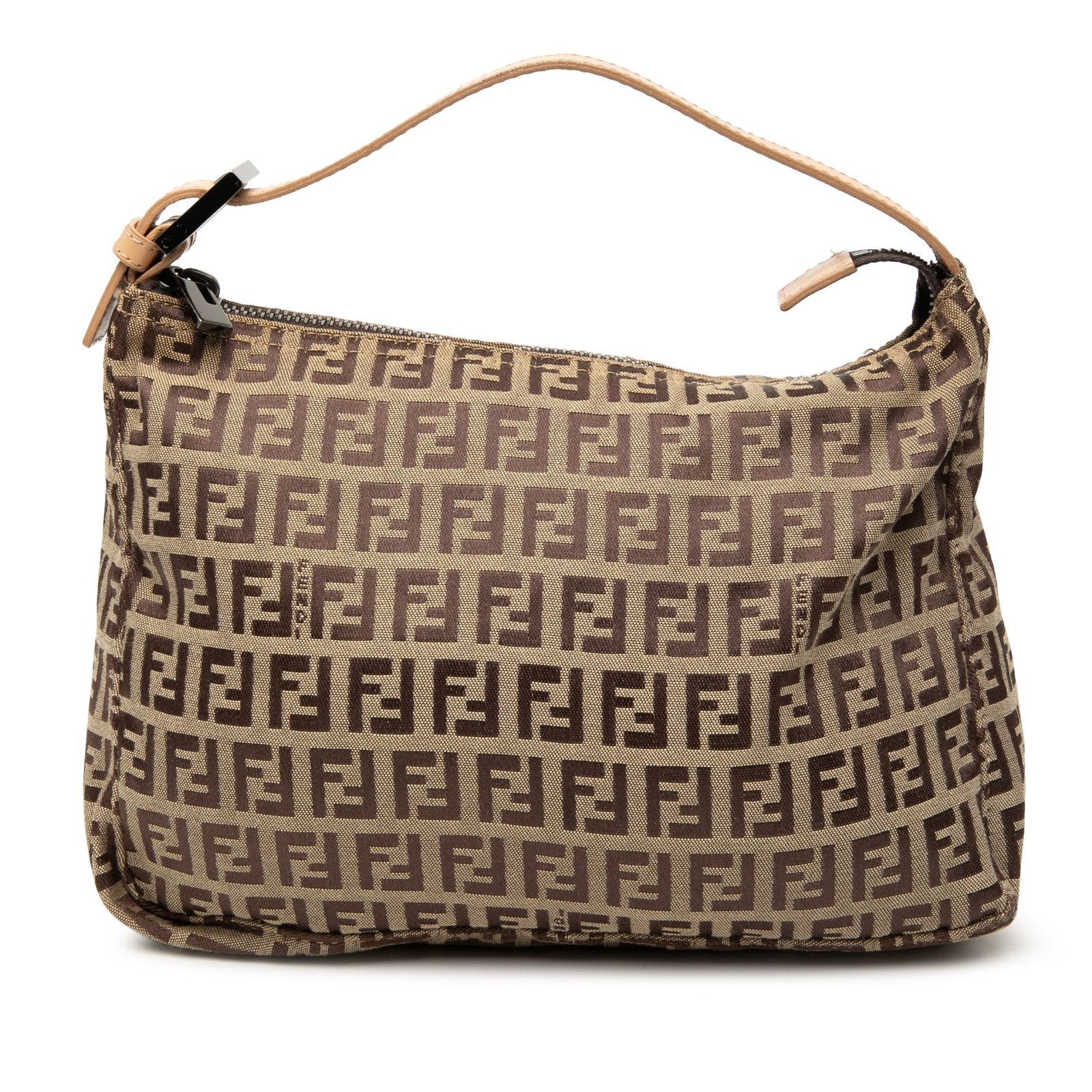 Fendi Zucchino Brown Canvas Top Zip Bag: Fendi Zucchino Brown Canvas Top Zip Bag This Fendi Zucchino Canvas Handbag features a brown canvas body with the signature Zucchino pattern, complemented by a flat leather handle and a top zip