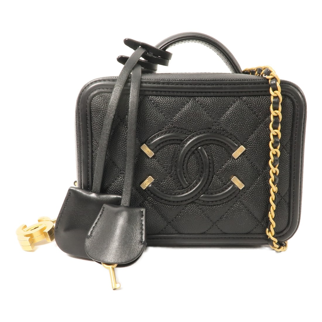 Chanel Vanity Case Black Calfskin Chain Shoulder Bag GHW 17cm: Chanel Vanity Case Black Calfskin Chain Shoulder Bag GHW 17cm This CHANEL 2-way vanity case features a classic CC design and is crafted from black calfskin leather. The bag offers versatile carrying o