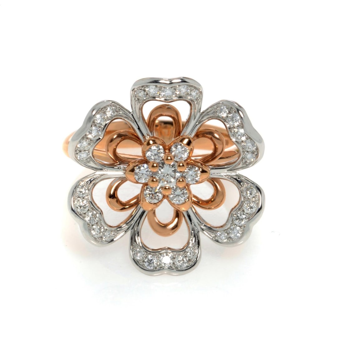 Luca Carati 18K Rose White Gold Diamond Cocktail Ring 0.69Cttw Size 7.5: Luca Carati 18K Rose White Gold Diamond Cocktail Ring 0.69Cttw Size 7.5 This exquisite Luca Carati Diamond Cocktail Ring showcases a stunning combination of 18K white and rose gold, elegantly crafted 