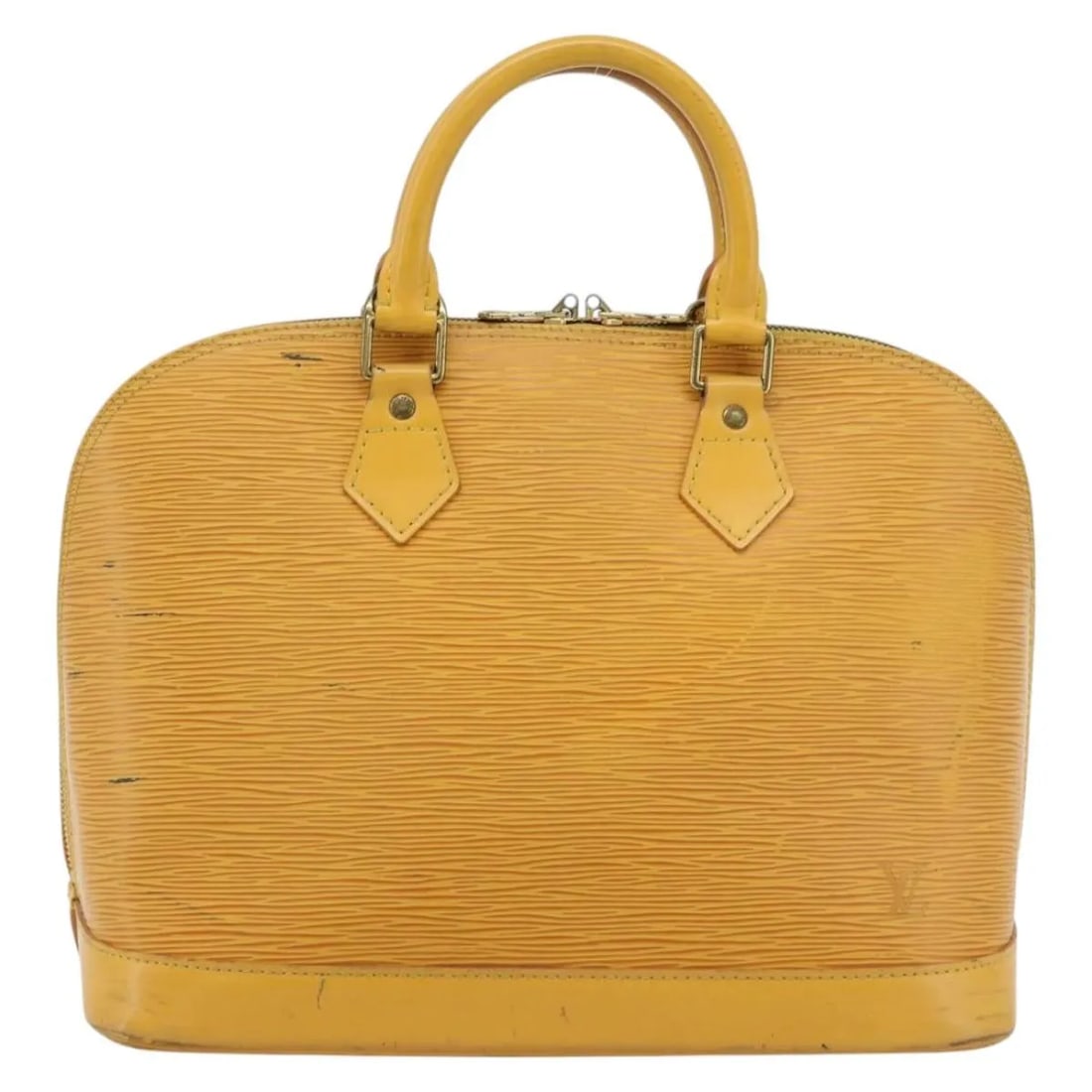 Louis Vuitton Alma yellow leather handbag: Louis Vuitton Alma yellow leather handbag This Louis Vuitton Alma handbag is crafted from yellow Epi leather and designed for women. Made in France, it features a structured silhouette with dual top h