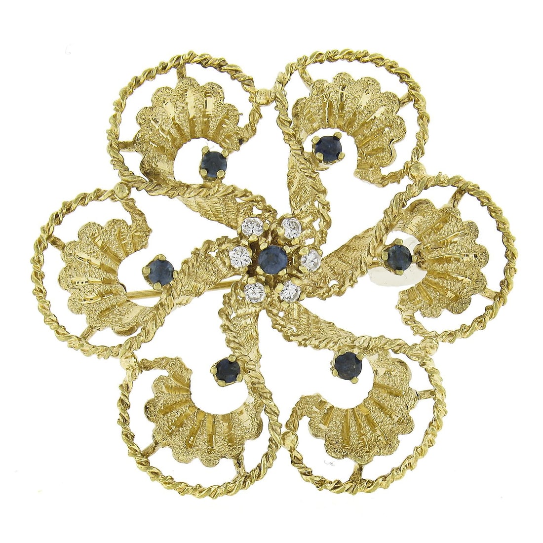 13k Yellow Gold 0.73ctw Sapphire Diamond Flower Brooch: 13k Yellow Gold 0.73ctw Sapphire Diamond Flower Brooch This exquisite brooch features a detailed open flower design crafted from solid 13-14k yellow gold. It showcases a stunning arrangement of natura