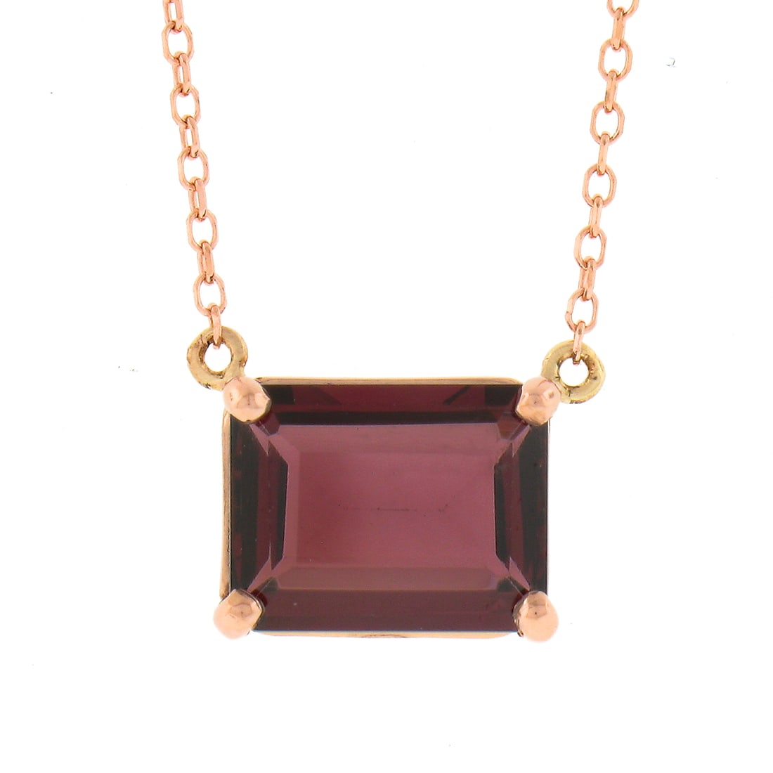 Unbranded 14k Rose Gold Garnet Pendant Necklace 1.97 ctw Adjustable Chain: Unbranded 14k Rose Gold Garnet Pendant Necklace 1.97 ctw Adjustable Chain Un-used pendant necklace crafted in solid 14k rose gold, featuring a natural genuine garnet solitaire in a rectangular step cu