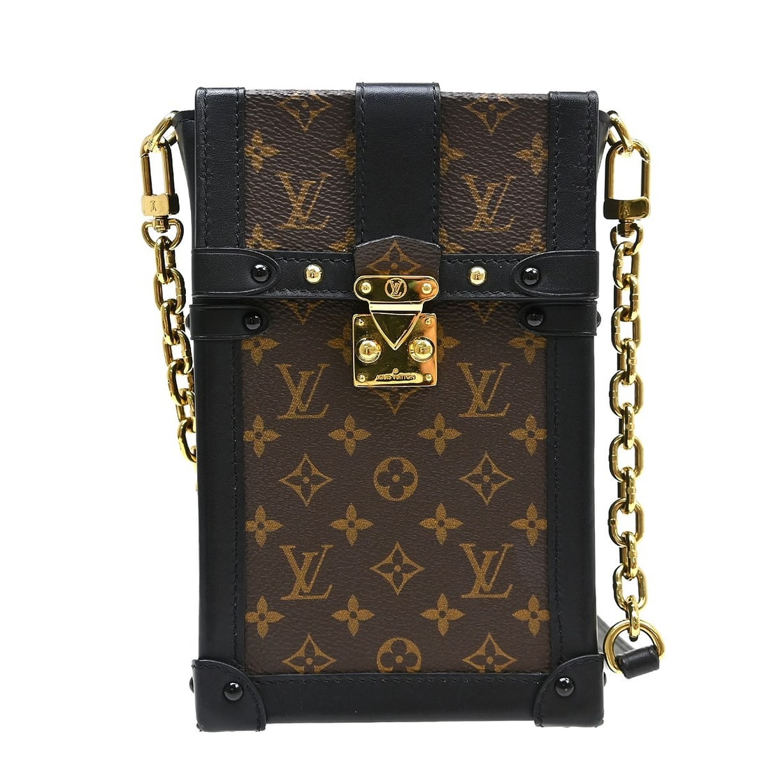 Louis Vuitton Monogram Pochette Trunk Vertical Mini Shoulder Bag M63913: Louis Vuitton Monogram Pochette Trunk Vertical Mini Shoulder Bag M63913 Vintage Louis Vuitton Pochette Trunk Vertical shoulder bag in brown Monogram canvas with leather lining and a buckle closure. Th
