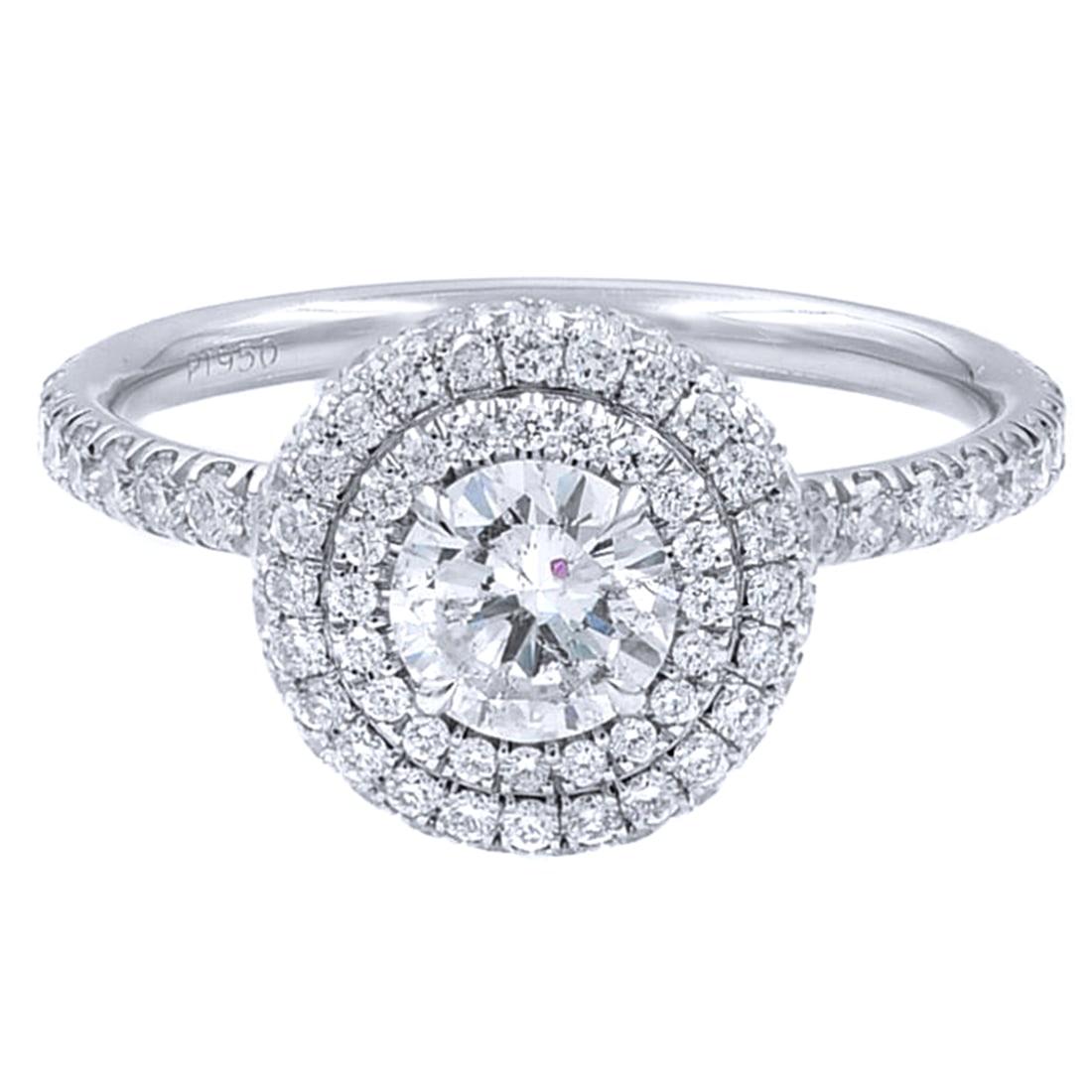 Rachel Koen 1.15ct Platinum Diamond Engagement Ring Double Halo Pave: Rachel Koen 1.15ct Platinum Diamond Engagement Ring Double Halo Pave Custom-made Rachel Koen diamond engagement ring in platinum with a pave double halo design. This handmade, one-of-a-kind ring featu