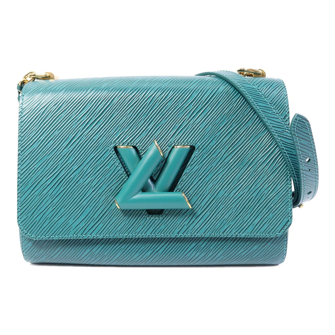 Louis Vuitton Twist MM Epi Green Calfskin Shoulder Bag GHW: Louis Vuitton Twist MM Epi Green Calfskin Shoulder Bag GHW This Louis Vuitton Twist MM shoulder bag features a striking green Epi calfskin exterior with gold-tone hardware. Designed for women, it offe