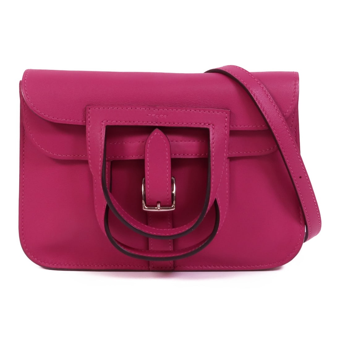 Hermes Mini Halzan Swift Leather Purple Shoulder Bag PHW: Hermes Mini Halzan Swift Leather Purple Shoulder Bag PHW This Hermes Mini Halzan 2way shoulder bag is crafted from luxurious calfskin leather in a vibrant rose purple hue. Designed for versatility, it
